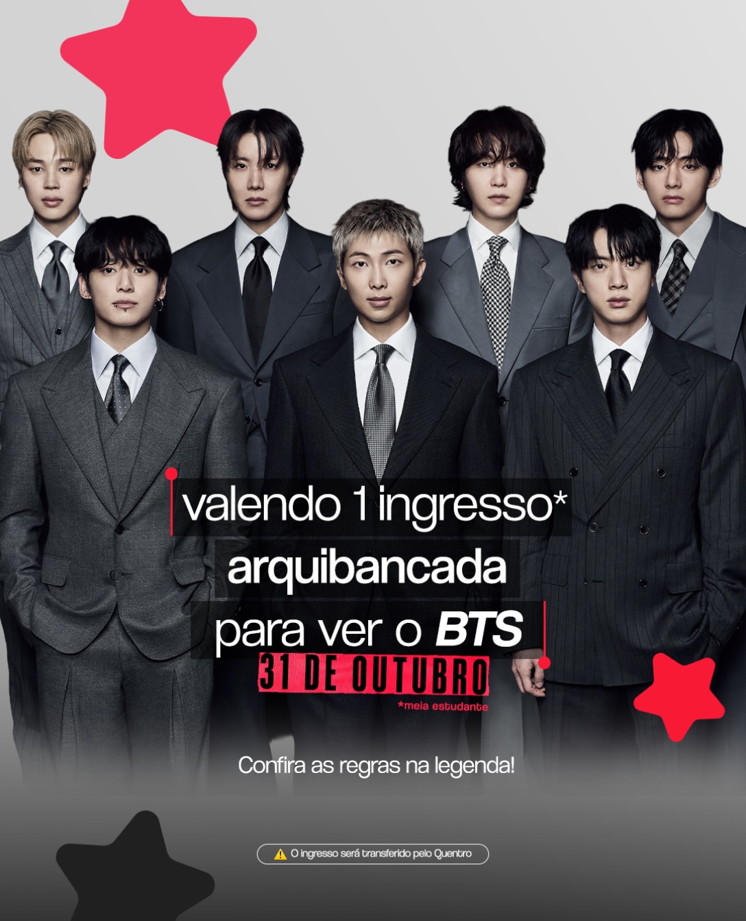 Ainda não tem ingresso pra ver o BTS? Conseguimos um pro show de sábado e ele será de 🫵 vocês!

Para participar:
• Curta esse post
• ⁠Siga o @weinthecrowd 
• ⁠Marque um (1) amigo nos comentários
• ⁠Reposte 🔄 no seu perfil

⚠️ O ingresso é uma arquibancada meia entrada ESTUDANTE. Fica por responsabilidade do vencedor comprovar o benefício na entrada do show, ou complementar o ingresso caso necessário.

‼️ O perfil precisa estar ABERTO até o dia 31. 

Resultado: sábado (31) às 10h 💜

#BTS_WORLDTOUR_ARIRANG #BTS #BTS_WORLDTOUR_SAOPAULO