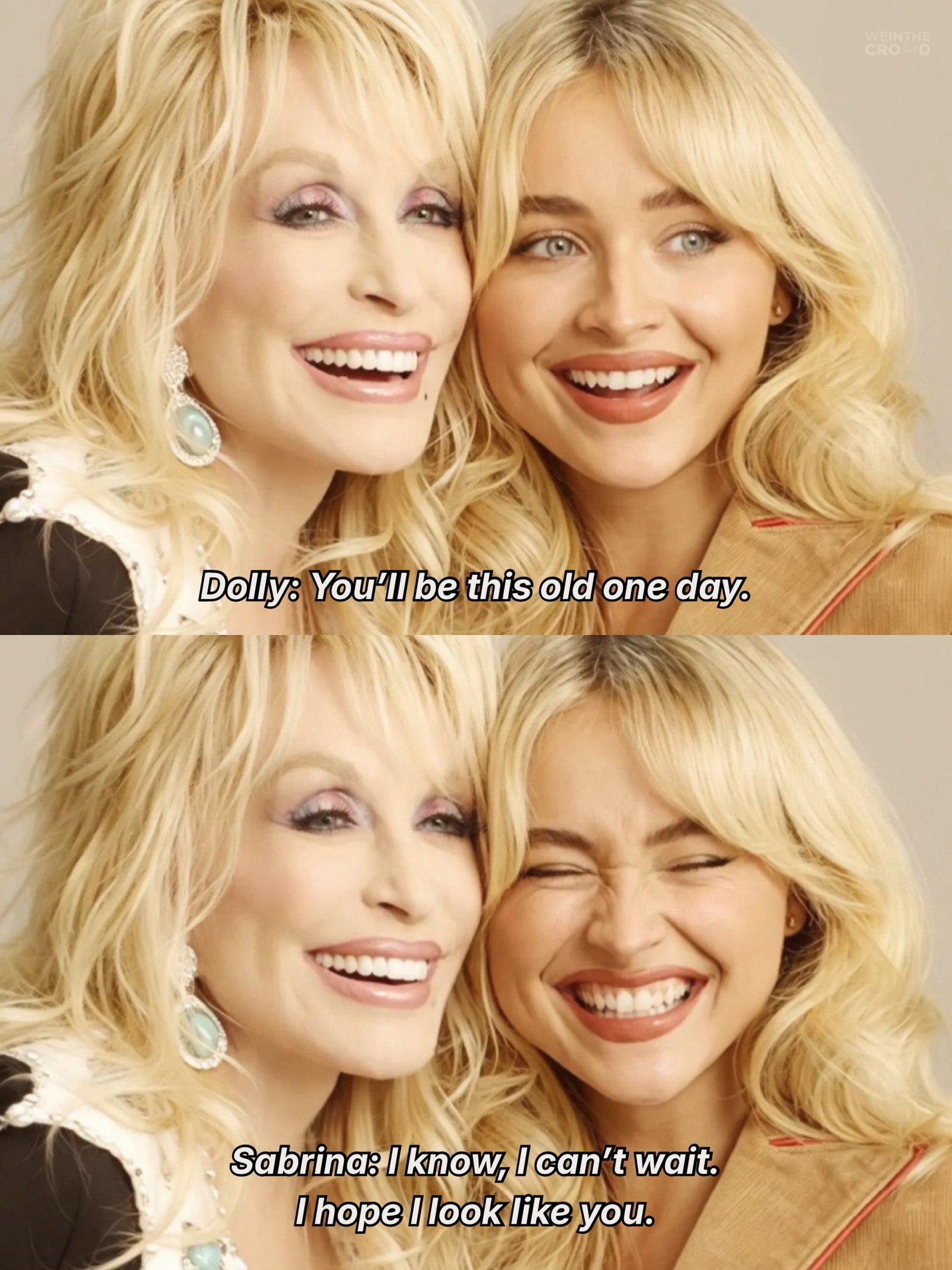 “Dolly: você vai ficar velhinha assim um dia.” “Sabrina: Eu sei, eu mal posso esperar! Tomara que eu pareça com você.” 

Dolly Parton se foi hoje, mas deixa um legado na música e uma marca eterna no country e na cultura pop. 🤍

Na sua afilhada na vida real e na ficção, Miley Cyrus; em Glee; no Cowboy Carter, de Beyoncé; e, mais recentemente, em sua colaboração com Sabrina Carpenter, Dolly segue presente em todas as gerações.